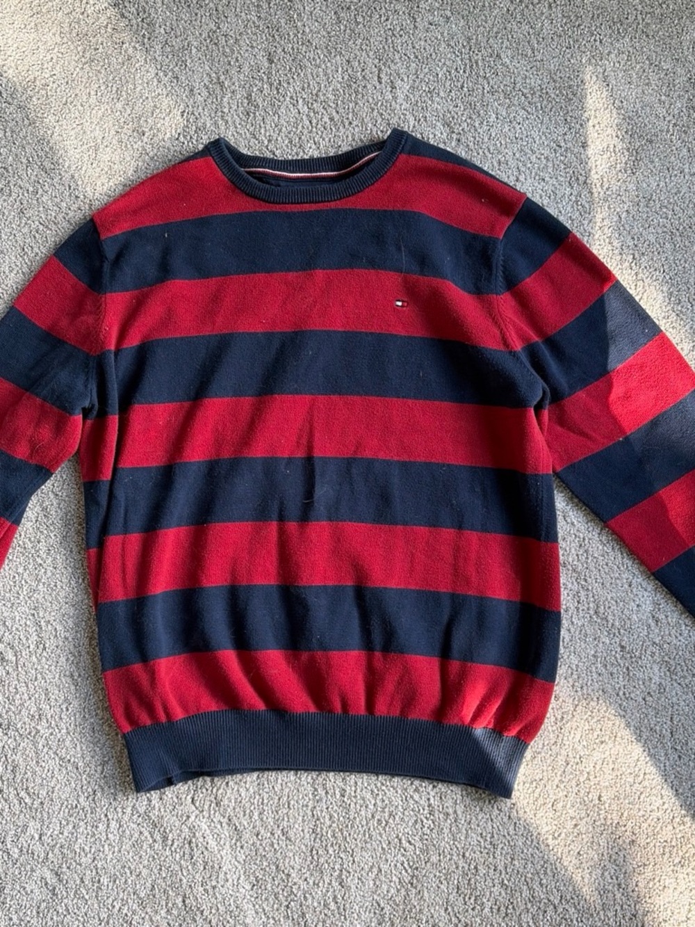 Tommy Hilfiger Men’s Red and Navy Wide-Stripe Crewneck Sweater